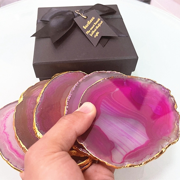 PandaHall Dyed Natural Agate Slice Cup Mats, Heat Resistant Pot Mats, for Home Kitchen, Polygon, Fuchsia, 80~100mm Natural Agate Polygon...