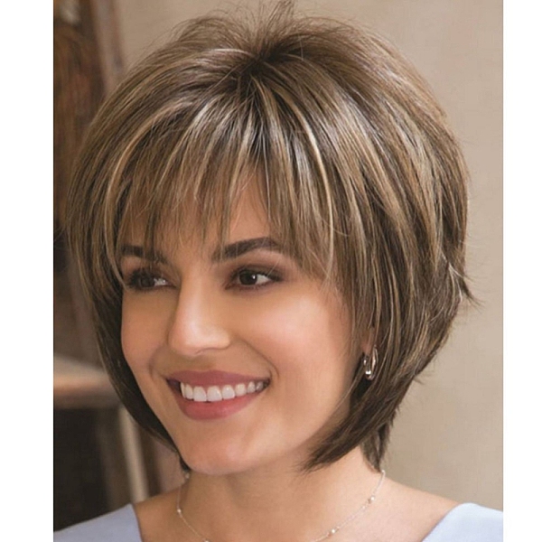 PandaHall Short Straight Wigs, Synthetic Wigs, with Bangs, Heat Resistant High Temperature Fiber, For Woman, Camel, 11.02 inch(28cm) High...