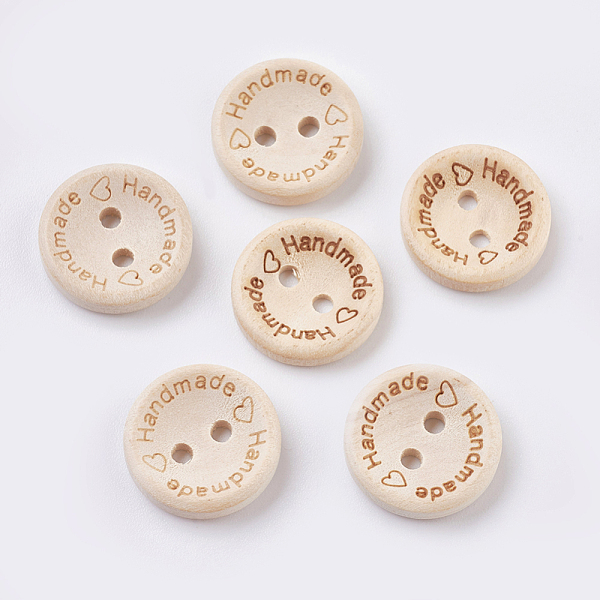 Wooden Buttons, 2-Hole, with Word, Flat Round with Word Handmade, Blanched Almond, 15x3-3.5mm, Hole: 2mm