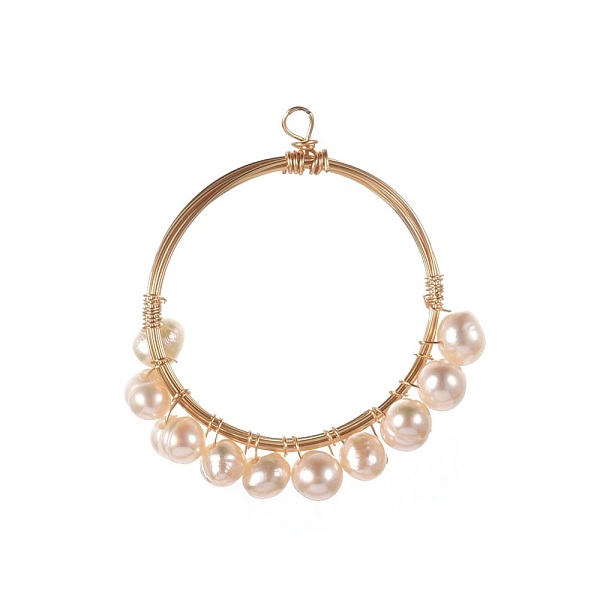 

PandaHall Grade A Natural Cultured Freshwater Pearl Pendants, Wire Wrapped Pendants, with Brass Wire, Ring, Golden, 40.5x40x5.5mm, Hole..., White
