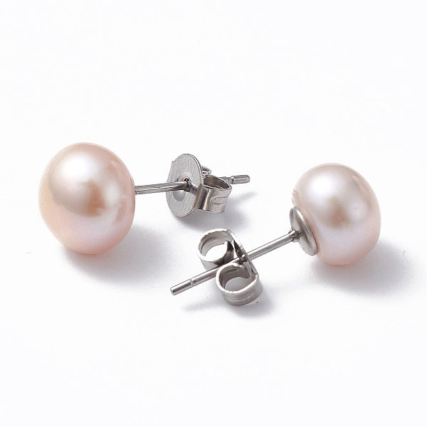 

PandaHall Natural Pearl Ear Studs, 304 Stainless Steel Pin Ear Stud for Women, Round, Thistle, 17~18x8mm, Pin: 0.7mm Pearl Round Purple