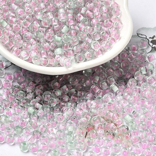 

PandaHall Transparent Glass Round Seed Beads, Inside Colours, Round, Honeydew, 6/0, 4x3mm, Hole: 1.2mm, about 7258pcs/pound Glass Green