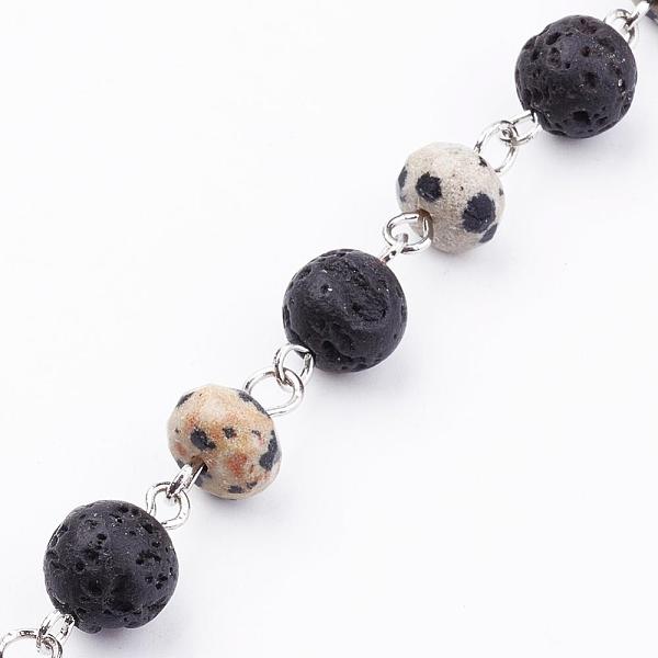 

PandaHall Handmade Round Natural Gemstone Beads Chains for Necklaces Bracelets Making, Unwelded, with Lava Rock Beads and Platinum Iron Eye..., Multicolor