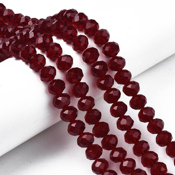 PandaHall Glass Beads Strands, Faceted, Rondelle, Dark Red, 10x8mm, Hole: 1mm, about 65~66pcs/strand, 20.8~21.2 inch(53~54cm) Glass Rondelle