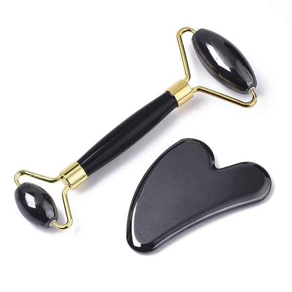 PandaHall Magnetic Synthetic Hematite Facial Roller & Heart Shape Gua Sha, Facial Beauty Roller Skin Care Tools, with Light Gold Plated...