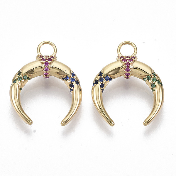 

PandaHall Brass Micro Pave Cubic Zirconia Pendants, Nickel Free, Double Horn/Crescent, Real 18K Gold Plated, Colorful, 20x16x5mm, Hole: 3mm...