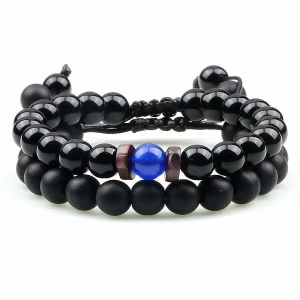 Ethno-Stil Mattierte Runde Natürliche Obsidian & Natürliche Achat Geflochtene Perlen Armbänder Sets Für Frauen Männer