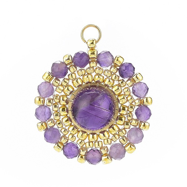 

PandaHall Handmade Japanese Seed Beads Pendants, Braided Natural Amethyst Flower Charm, Faceted, 24.5x22~23x8mm, Inner Diameter: 3mm..., Gold