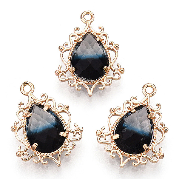 

PandaHall Golden Tone Brass Pendants, with Faceted Glass, Teardrop, Black, 25.5x19x6mm, Hole: 1.6mm Brass+Glass Teardrop Black