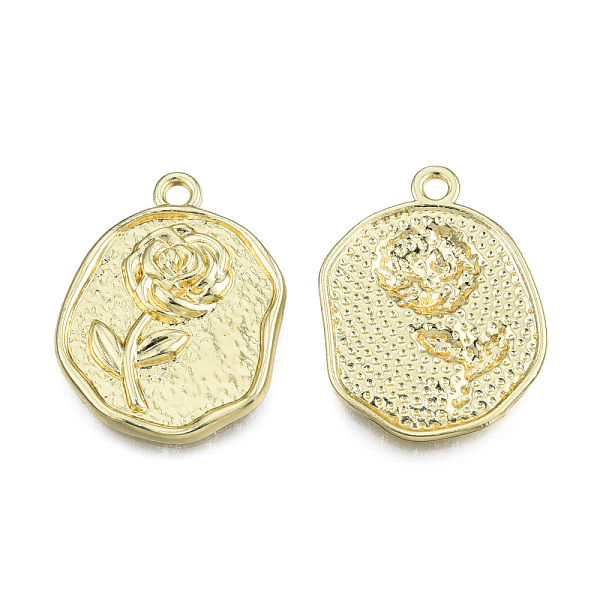 

PandaHall Rack Plating Alloy Pendants, Cadmium Free & Nickel Free & Lead Free, Flat Round with Rose, Light Gold, 23x18x2mm, Hole: 1.8mm...
