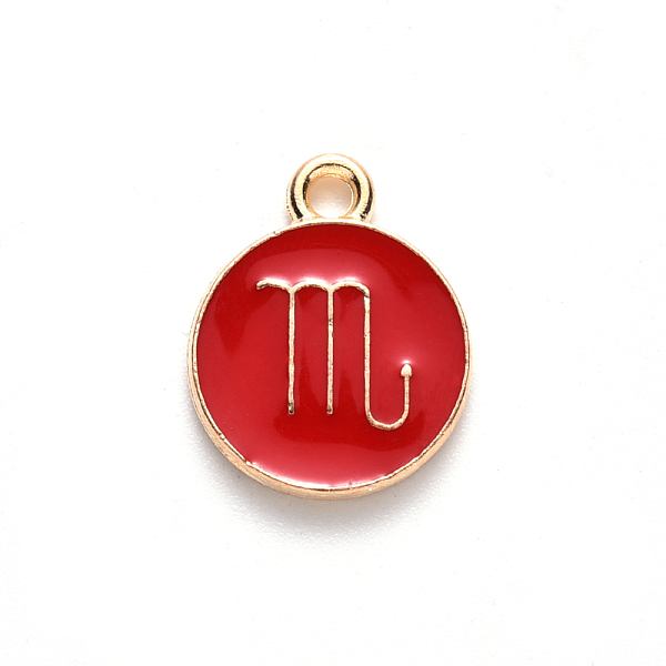 

PandaHall Alloy Enamel Pendants, Cadmium Free & Lead Free, Flat Round with Constellation, Light Gold, Red, Scorpio, 15x12x2mm, Hole: 1.5mm...