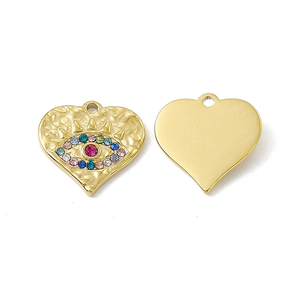 PandaHall Vacuum Plating 201 Stainless Steel Charms, Colorful Rhinestone Heart with Evil Eye, Real 18K Gold Plated, 14.5x15x2mm, Hole: 1.4mm...