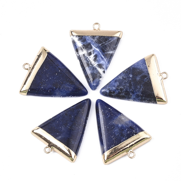 

PandaHall Electroplate Natural Sodalite Pendants, with Iron Findings, Triangle, Golden, 30~34x23x5~5.5mm, Hole: 1.6mm Sodalite Triangle