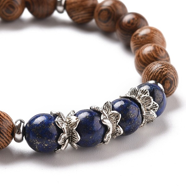 

PandaHall Stretch Bracelets, with Round Natural Lapis Lazuli Beads, Natural Wood Beads, Alloy Bead Caps and 304 Stainless Steel Spacer Beads...