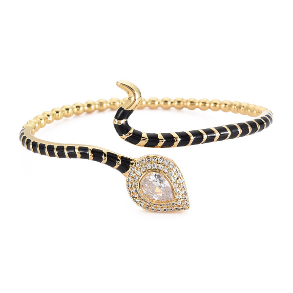

PandaHall Clear Cubic Zirconia Teardrop Open Cuff Bangle with Enamel, Real 18K Gold Plated Brass Jewelry for Women, Cadmium Free & Lead Free..., Black