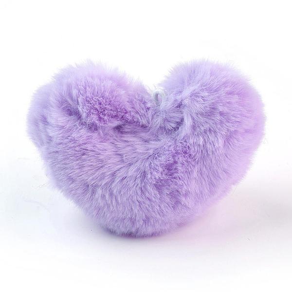 PandaHall Handmade Faux Rabbit Fur Pom Pom Ball Covered Pendants, Fuzzy Bunny Hair Balls, with Elastic Fiber, Heart, Lilac...