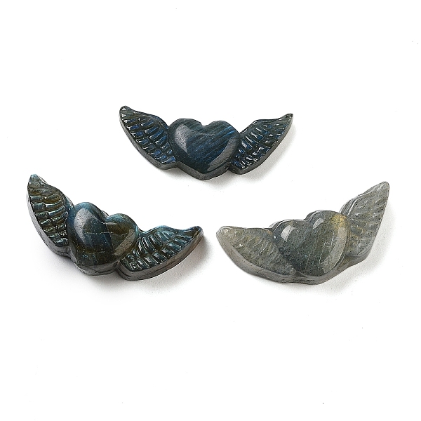 Cabochons sculptÃ©s en labradorite naturelle, coeur avec des ailes d'ange, 16.5-19.5x42-43.5x8.5-12.5mm