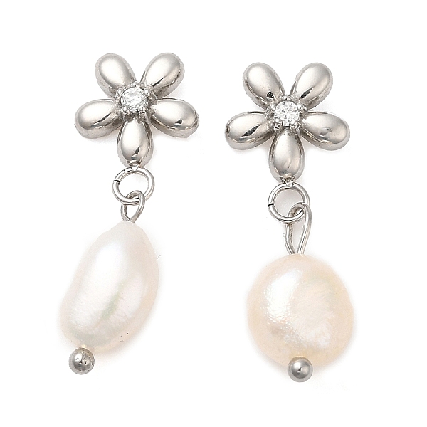 

PandaHall 304 Stainless Steel Flower Dangle Stud Earings with Rhinestone, Natural Pearl Dorp Earrings, Stainless Steel Color, 23x10mm Pearl...