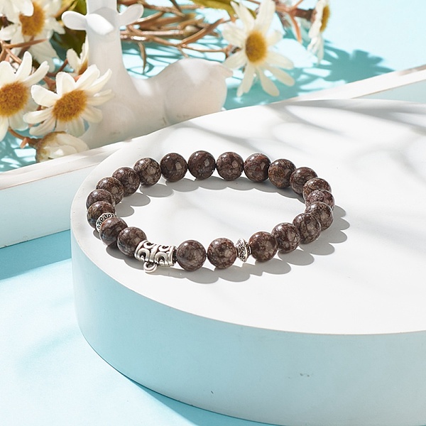 

PandaHall Natural Snowflake Obsidian Stretch Bracelet with Alloy Beads, Gemstone Jewelry for Women, Inner Diameter: 2-1/4 inch(5.7cm)...