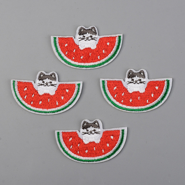 PandaHall Computerized Embroidery Cloth Iron on/Sew on Patches, Appliques, Costume Accessories, Watermelon with Cat, Red, 31x51x1mm Cloth...