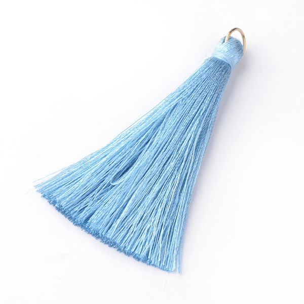

PandaHall Nylon Thread Tassel Big Pendants Decoration, with Brass Findings, Golden, Sky Blue, 63~66x7mm, Hole: 7mm Nylon Blue
