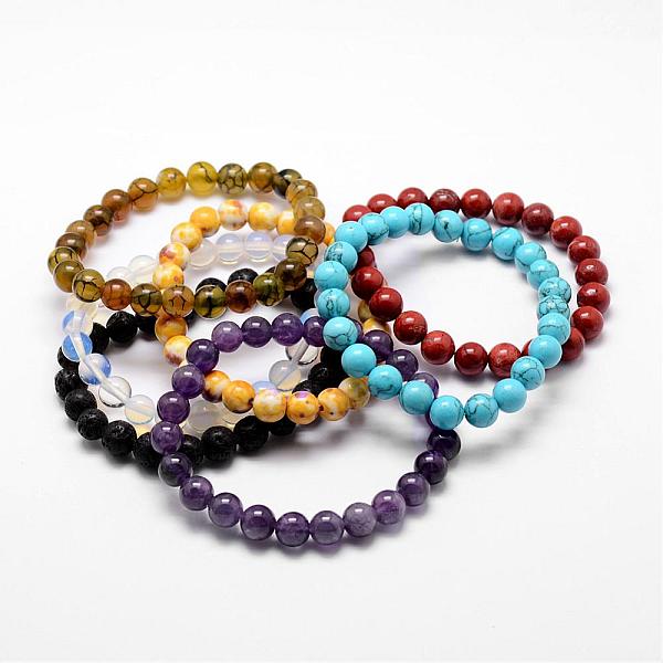 

PandaHall Natural & Synthetic Gemstone Beaded Stretch Bracelets, Round, 52mm, Bead: 8mm in diameter Mixed Stone Multicolor
