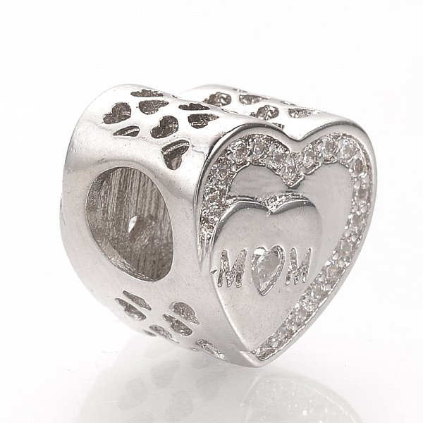 

PandaHall Mother's Day Theme, Brass Micro Pave Cubic Zirconia European Beads, Large Hole Beads, Heart with Word Mom, Platinum...