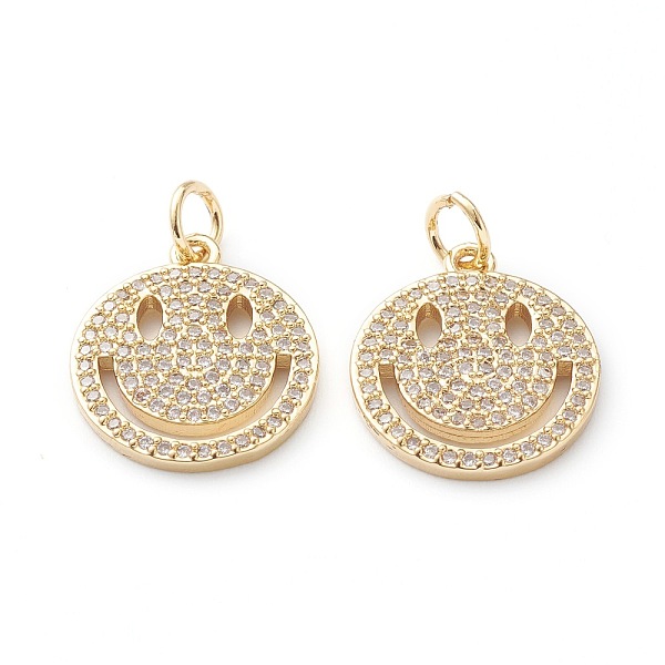

PandaHall Brass Micro Pave Clear Cubic Zirconia Pendants, Long-Lasting Plated, Flat Round with Smile Face, Real 18K Gold Plated...