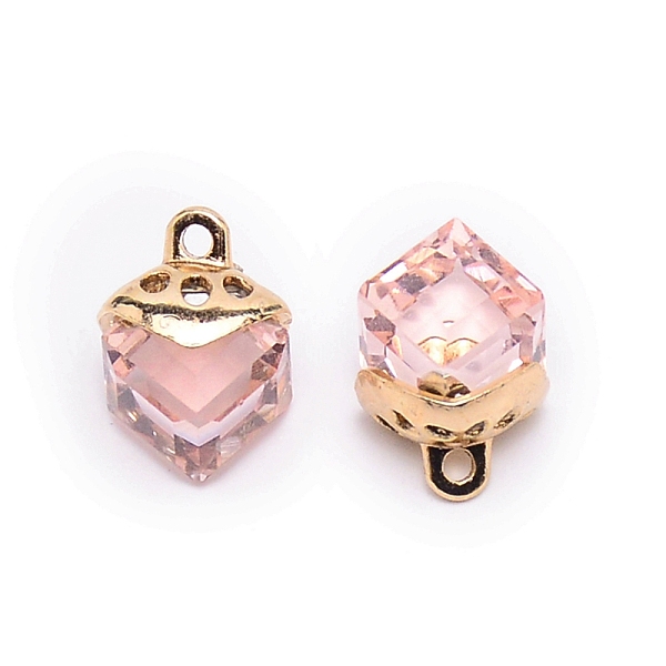 

PandaHall Glass Charms, with Alloy Finding, Cube, Light Rose, 15x10x10mm, Hole: 1.6mm Alloy+Glass Cube Pink
