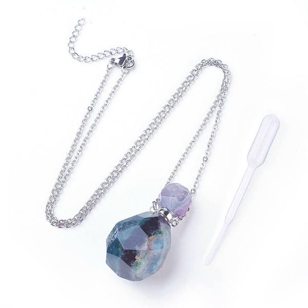 PandaHall Natural Fluorite Openable Perfume Bottle Pendant Necklaces, with 304 Stainless Steel Cable Chain and Plastic Dropper, Bottle, Size...