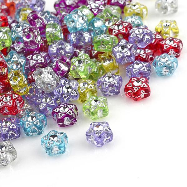 

PandaHall Plating Transparent Acrylic Beads, Silver Metal Enlaced, Star, Mixed Color, 7.5x7x4mm, Hole: 2mm, about 3400pcs/500g Acrylic Star..., Multicolor