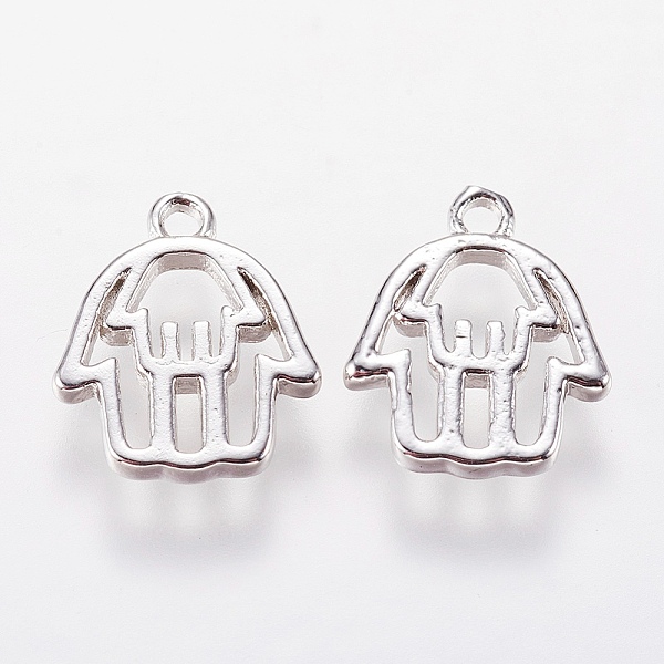 

PandaHall Brass Charms, Hamsa Hand/Hand of Fatima/Hand of Miriam Pendants, Platinum, 13x10.5x1.5mm, Hole: 1.2mm Brass Palm