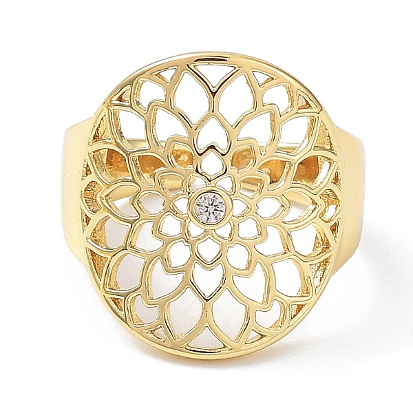 Rack Plating Brass Hollow Flower Open Cuff Ring With Cubic Zirconia