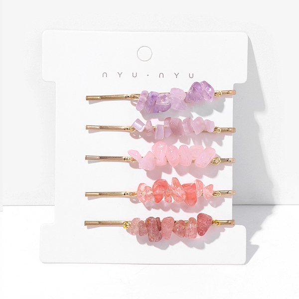

PandaHall Natural & Synthetic Gemstone Chips Hair Bobby Pins for Women Girl, with Metal Pins, 58mm, 5pcs/set Mixed Stone Chip
