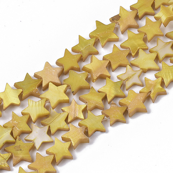 

PandaHall Freshwater Shell Beads Strands, Dyed, Star, Goldenrod, 9~10.5x9.5~11.5x2~3mm, Hole: 1mm, about 38pcs/Strand, 11.8 inch~13.3 inch..., Gold