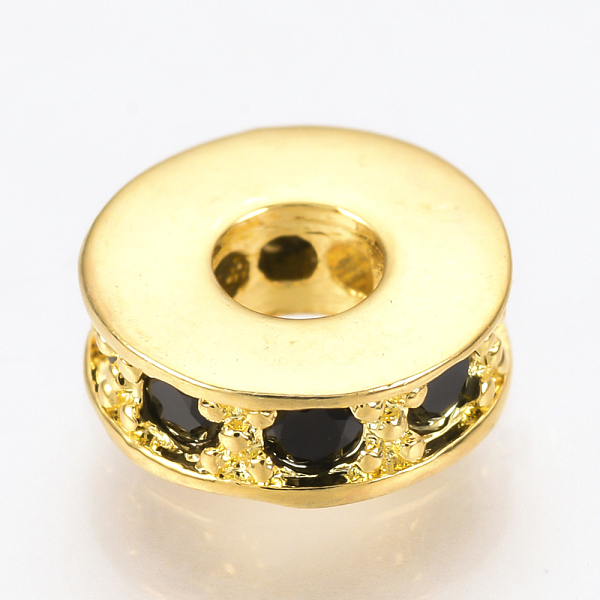 

PandaHall Brass Micro Pave Cubic Zirconia Beads, Flat Round, Black, Golden, 7x3mm, Hole: 3mm Brass+Cubic Zirconia Flat Round Black