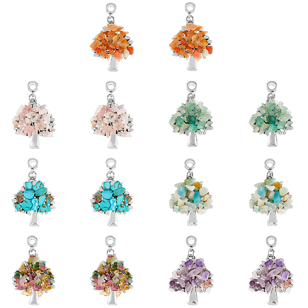 

PandaHall SUPERFINDINGS 28Pcs Alloy Tree of Life Pendants 7 Styles European Dangle Charms Chakra Stones Pendants Natural Gemstones Chip...