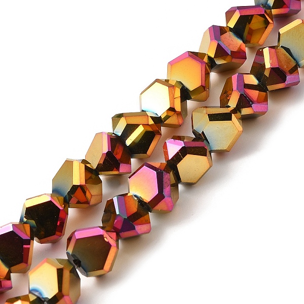 

PandaHall Electroplate Glass Beads Strands, Faceted, Triangle, Rainbow Plated, 8~9x8.5~9x8.5~9mm, Hole: 1.5mm, about 50pcs/strand, 16.69''...