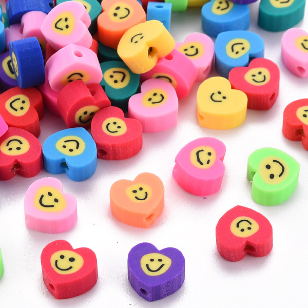 

PandaHall Handmade Polymer Clay Beads, for DIY Jewelry Crafts Supplies, Heart with Smile Face, Mixed Color, 8~9x9~10x4~5mm, Hole: 1.6mm..., Multicolor