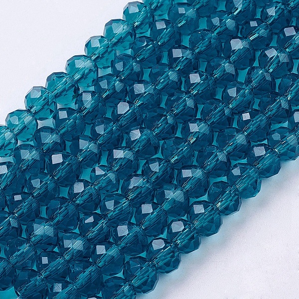 

PandaHall Handmade Glass Beads, Faceted Rondelle, Dark Cyan, 6x4mm, Hole: 1mm, about 87~90pcs/strand Glass Rondelle Cyan