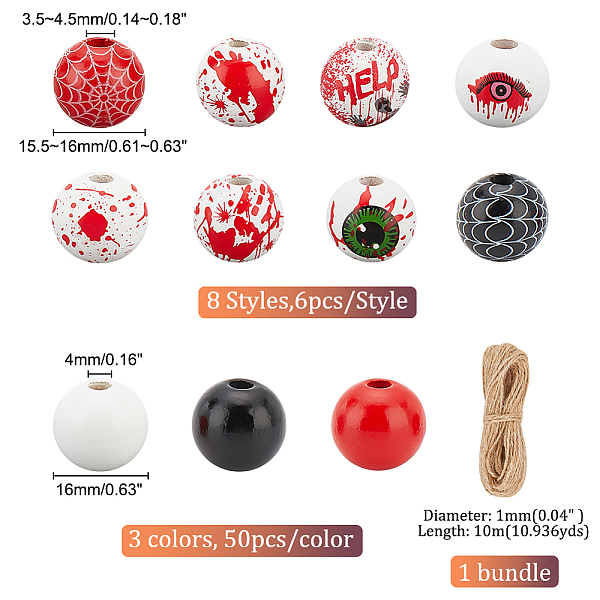 

PandaHall AHANDMAKER 198Pcs Halloween Wood Beads, Bloody Wooden Beads, Wooden Eye Beads Spider Web Beads with Jute Cord, Halloween Craft..., Multicolor