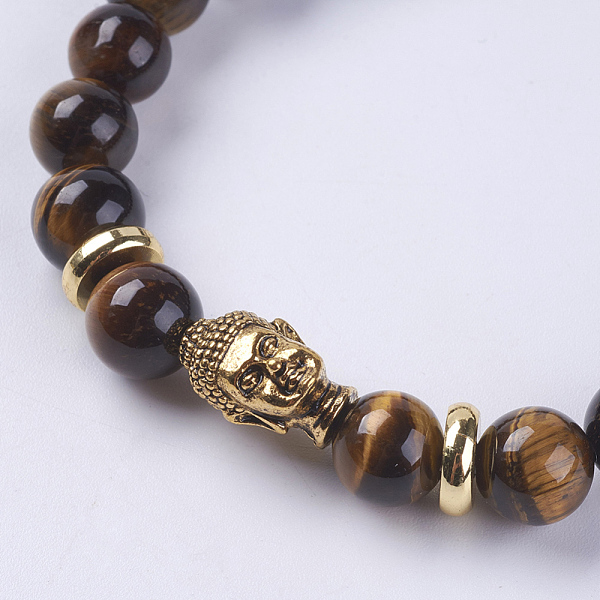 

PandaHall Natural Tiger Eye Beads Stretch Bracelets, with Alloy Finding, Buddha's Head, 2-1/8 inch(55mm) Tiger Eye