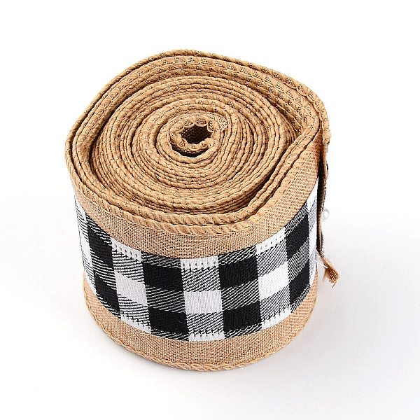 

PandaHall Polyester & Hemp Ribbon, Flat with Tartan Pattern, Black, 65x0.5mm, 6m/roll Polyester Black