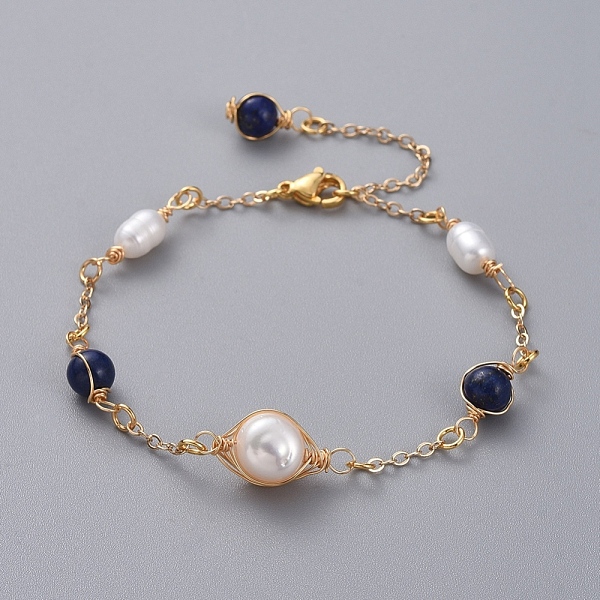 

PandaHall Natural Lapis Lazuli(Dyed) Link Bracelets, with Natural Pearl Beads, Golden Plated Brass Cable Chains and 304 Stainless Steel...