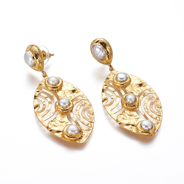 

PandaHall Natural Pearl Dangle Stud Earrings, with Brass Findings and Plastic Ear Nuts, Horse Eye, Golden, 65~66mm, Pin: 0.8mm Pearl White