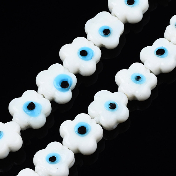 PandaHall Handmade Evil Eye Lampwork Beads Strands, Flower, White, 11x12x6mm, Hole: 1.6mm, about 33pcs/strand, 14.57 inch(37cm) Lampwork...