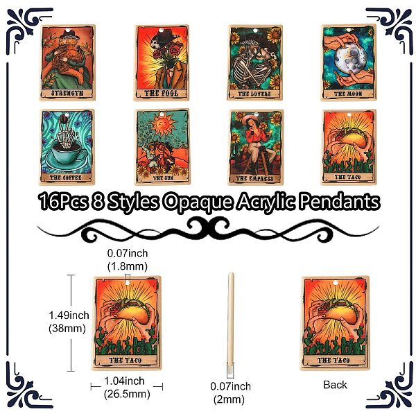 

PandaHall 16Pcs 8 Styles Opaque Acrylic Pendants, Rectangle with Tarot Pattern, Mixed Color, 38x26.5x2mm, Hole: 1.8mm, 2pcs/style Acrylic..., Multicolor