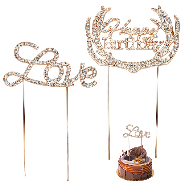 PandaHall CRASPIRE 2Pcs 2 Styles Alloy & Rhinestone Cake Toppers, for DIY Cake Decoration, Word Love & Happy Birthday, Light Gold...