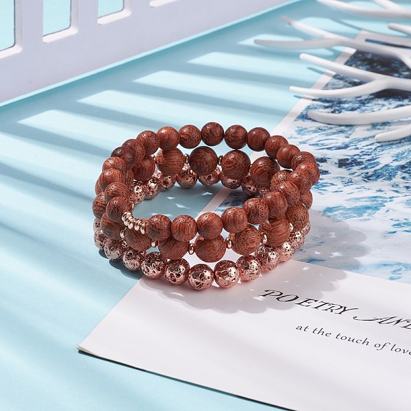 

PandaHall 3Pcs 3 Style Natural Lava Rock & Wood Round Beaded Stretch Bracelets Set, Essential Oil Gemstone Jewelry for Women, Rose Gold...