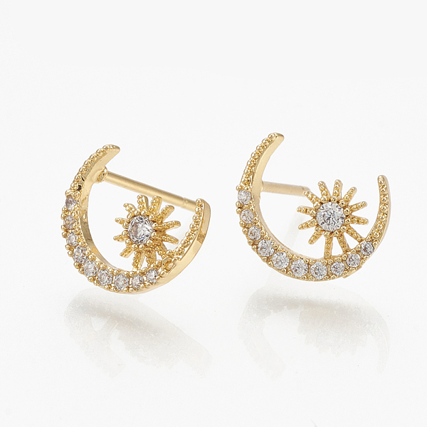 

PandaHall Brass Ear Studs, with Cubic Zirconia, Moon, Nickel Free, Real 18K Gold Plated, 11x9mm, Pin: 0.8mm Cubic Zirconia